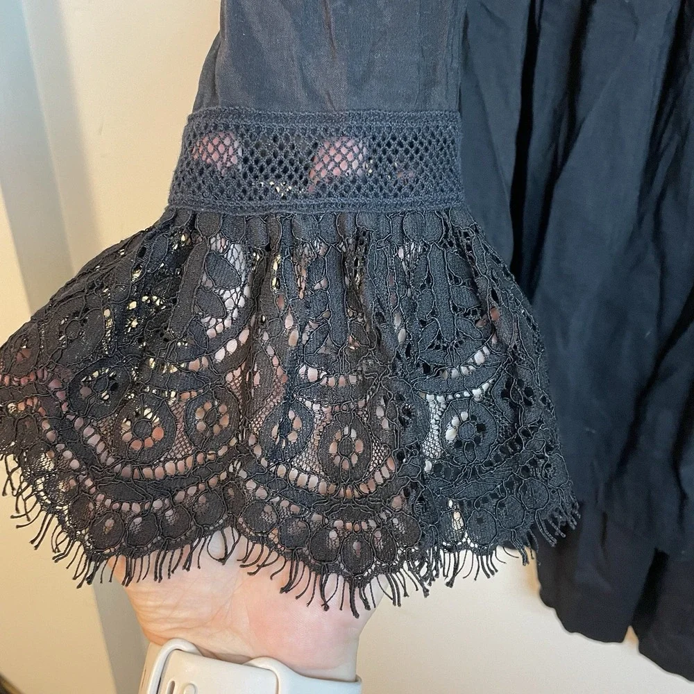 Free People Womens Esme Button Down Blouse Top Sz XS Black Long Sleeve‎ Lace